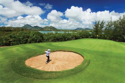 Aerial views of the Le Touessrok Golf Course on the Ille aux Cerfs Island at the Le Touessrok Hotel Resort on February 21, 2012 in Le Troue d'eau Douce, Mauritius.